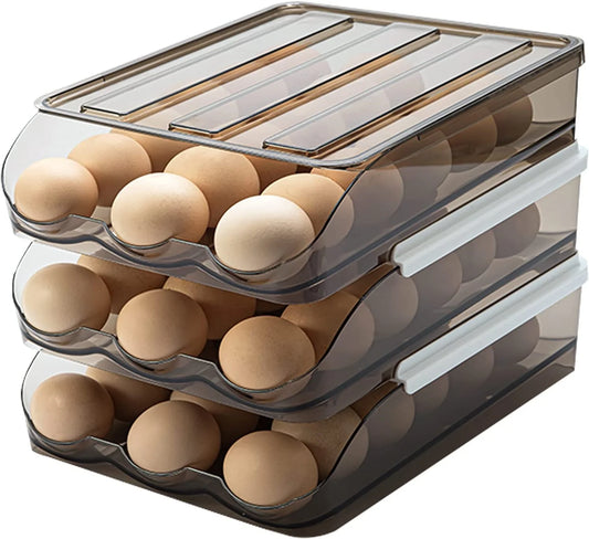 Large Capacity Automatic Rolling Egg Holder for Refrigerator - Egg Fresh Storage Box, Organizer Bin in Crystal Gray Plastic (1 Layer)